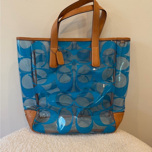 Coach Handbags - Coach Clear Signature PVC Tote with Blue Print and Tan Leather